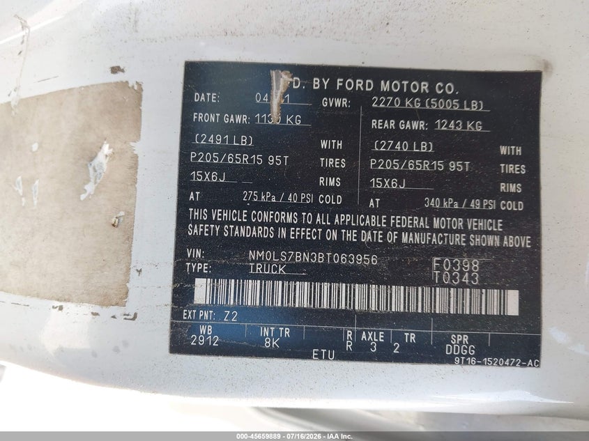 2011 Ford Transit Connect Xlt VIN: NM0LS7BN3BT063956 Lot: 45659889