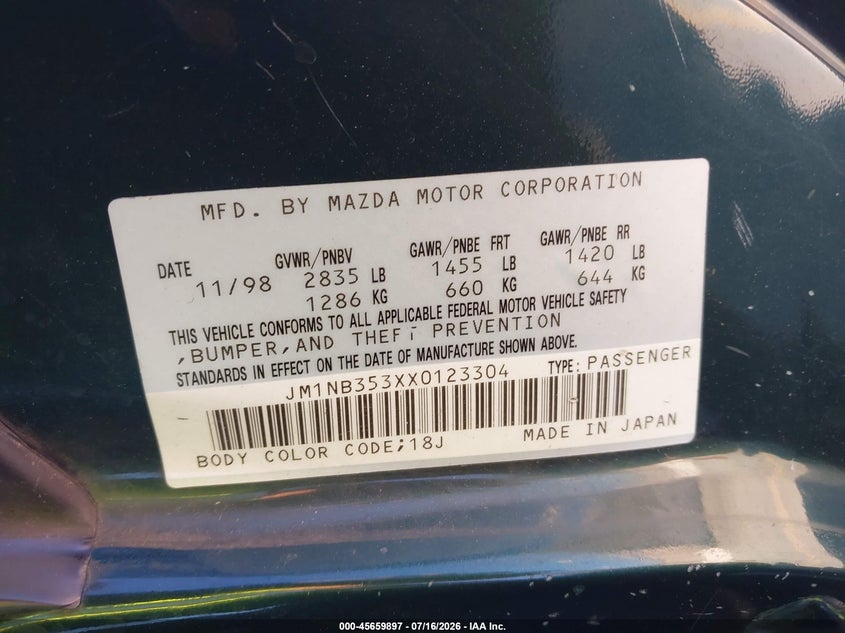 1999 Mazda Mx-5 Miata 10Th Anniversary Edition/Leather/Popular Equip/Sport/Touring VIN: JM1NB353XX0123304 Lot: 45659897