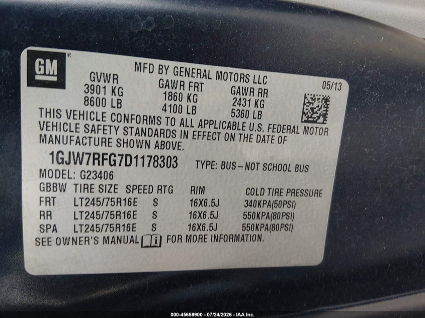 GMC SAVANA 2500 2013 VIN 1GJW7RFG7D1178303