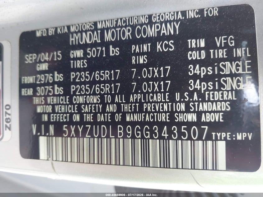 2016 Hyundai Santa Fe Sport 2.4L VIN: 5XYZUDLB9GG343507 Lot: 45659906