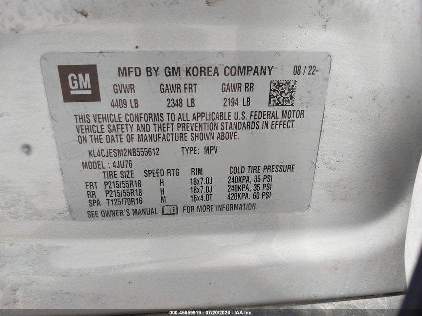 2022 Buick Encore Awd Preferred VIN: KL4CJESM2NB555612 Lot: 45659919