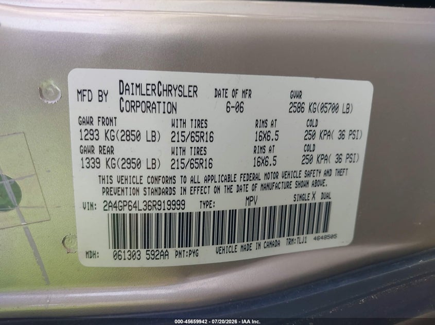 2006 Chrysler Town & Country Limited VIN: 2A4GP64L36R919999 Lot: 45659942