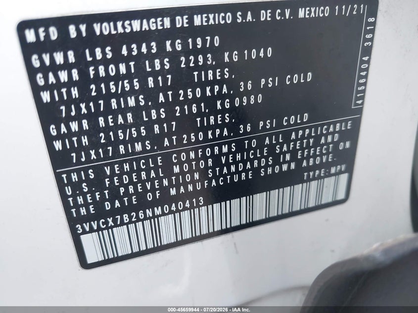2022 Volkswagen Taos 1.5T S VIN: 3VVCX7B26NM040413 Lot: 45659944