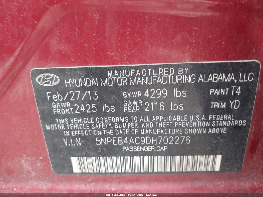 2013 HYUNDAI SONATA SEDAN 2.4L I-4 DI, DOHC, VVT, 198HP
