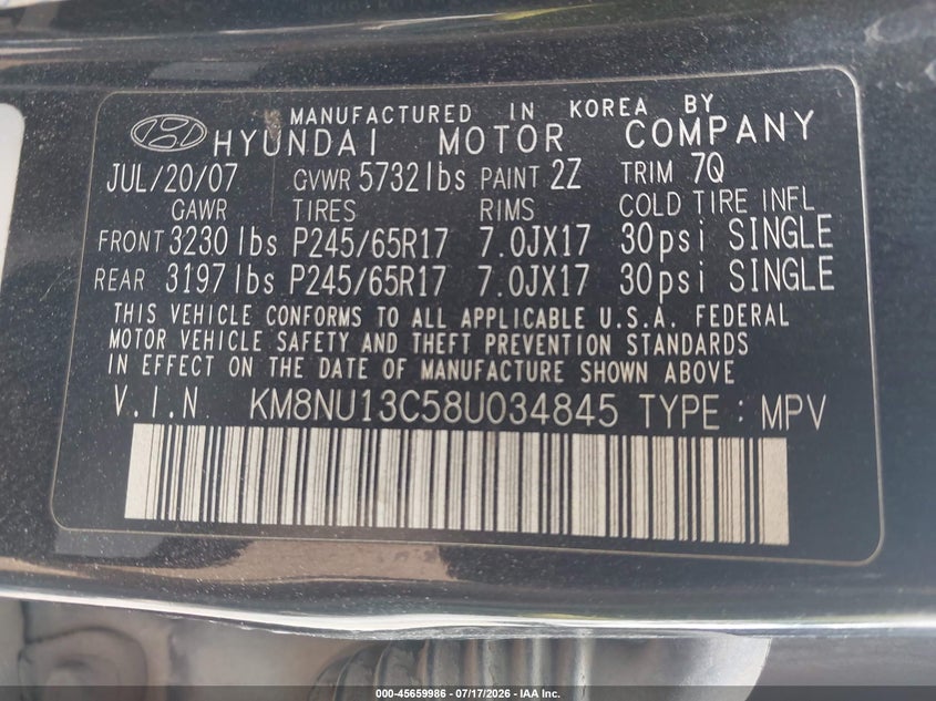 2008 Hyundai Veracruz Gls/Limited/Se VIN: KM8NU13C58U034845 Lot: 45659986