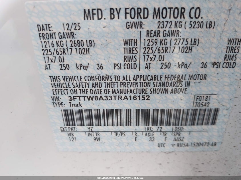 2026 Ford Maverick Xl VIN: 3FTTW8A33TRA16152 Lot: 45659993