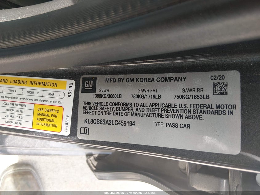 2020 Chevrolet Spark Fwd Ls Automatic VIN: KL8CB6SA3LC459194 Lot: 45659996