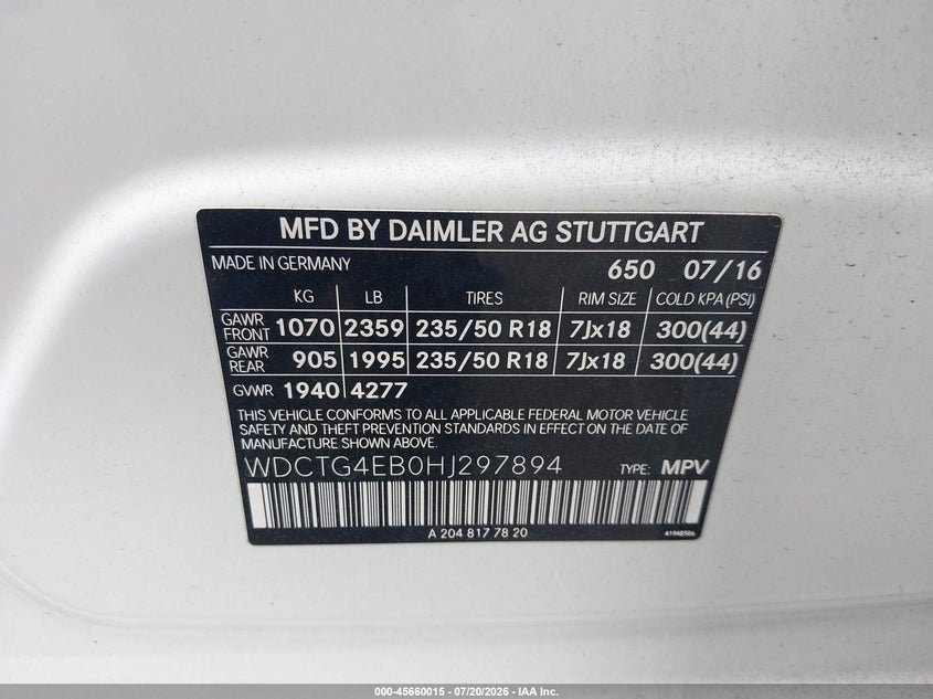 2017 Mercedes-Benz Gla 250 VIN: WDCTG4EB0HJ297894 Lot: 45660015