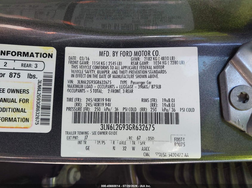 2016 Lincoln Mkz VIN: 3LN6L2G93GR632675 Lot: 45660014