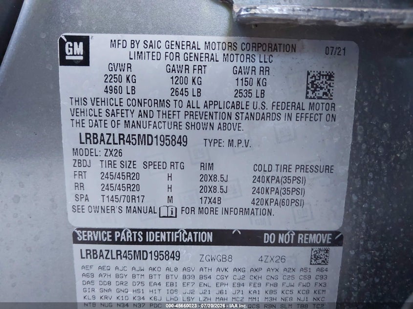 2021 Buick Envision Fwd Preferred VIN: LRBAZLR45MD195849 Lot: 45660023