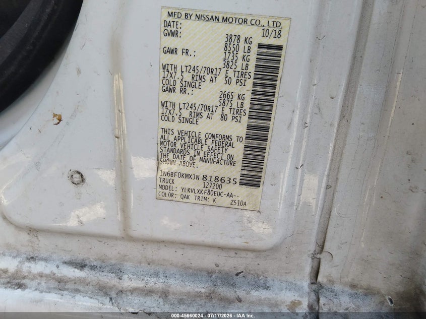 2018 Nissan Nv Cargo Nv1500 Sv V6 VIN: 1N6BF0KMXJN818635 Lot: 45660024