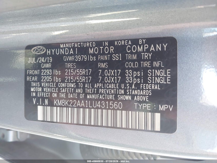 2020 Hyundai Kona Sel VIN: KM8K22AA1LU431560 Lot: 45660030