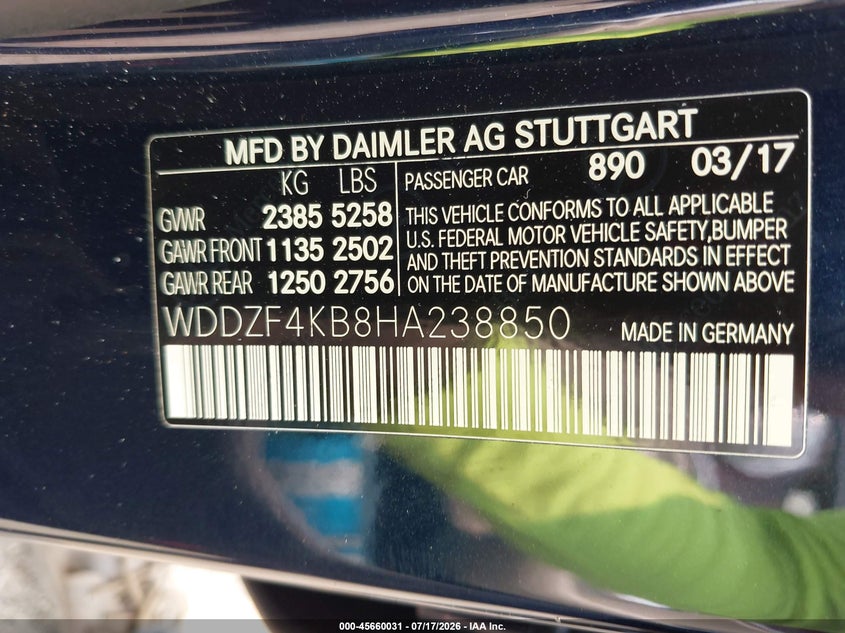 2017 Mercedes-Benz E 300 4Matic VIN: WDDZF4KB8HA238850 Lot: 45660031
