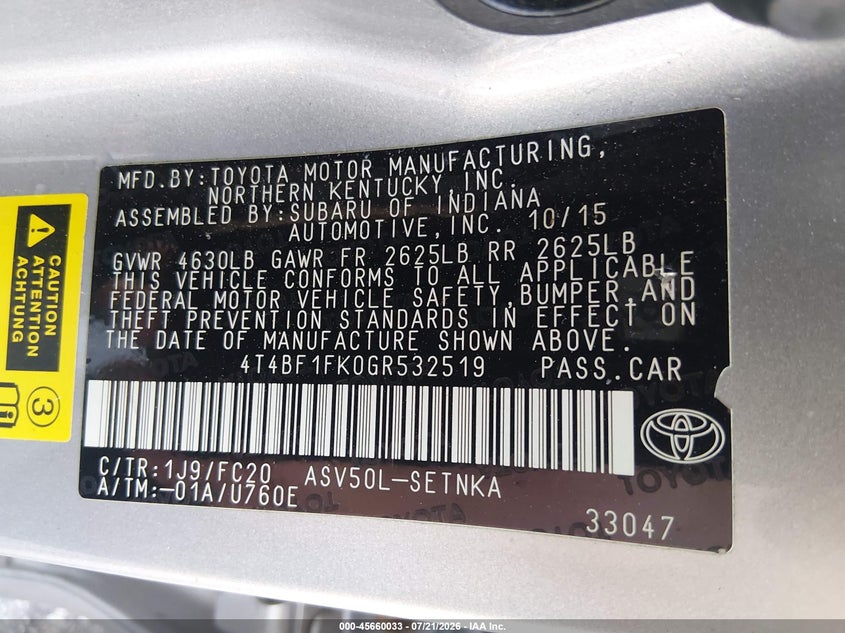 2016 TOYOTA CAMRY SEDAN 2.5L I-4 DOHC, VVT, 178HP