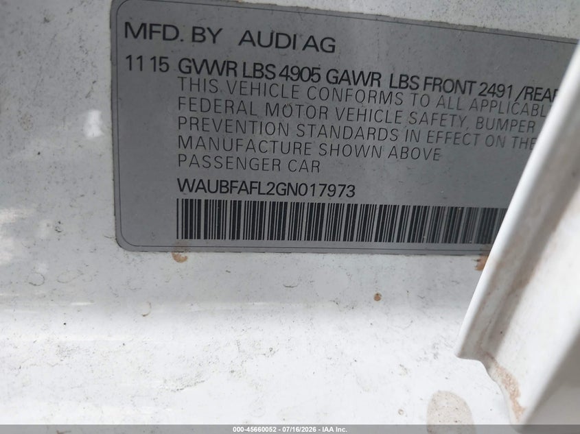 2016 Audi A4 Premium VIN: WAUBFAFL2GN017973 Lot: 45660052