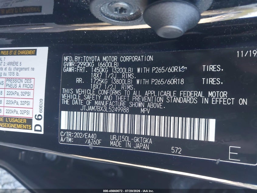 2020 Lexus Gx 460 Premium VIN: JTJAM7BX3L5249988 Lot: 45660072