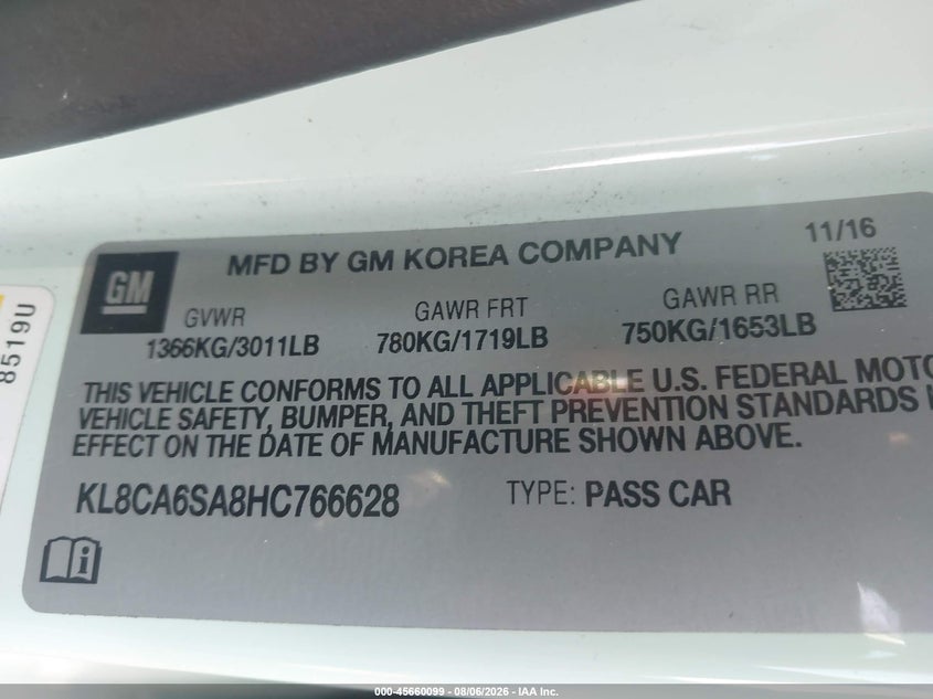 CHEVROLET SPARK 2017 VIN KL8CA6SA8HC766628