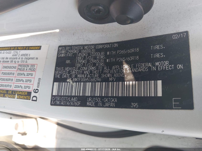 2017 Lexus Gx 460 VIN: JTJBM7FXXH5168296 Lot: 45660113