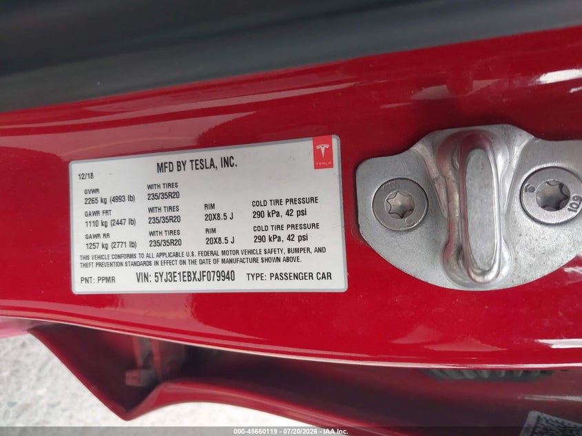 2018 Tesla Model 3 Long Range/Performance VIN: 5YJ3E1EBXJF079940 Lot: 45660119