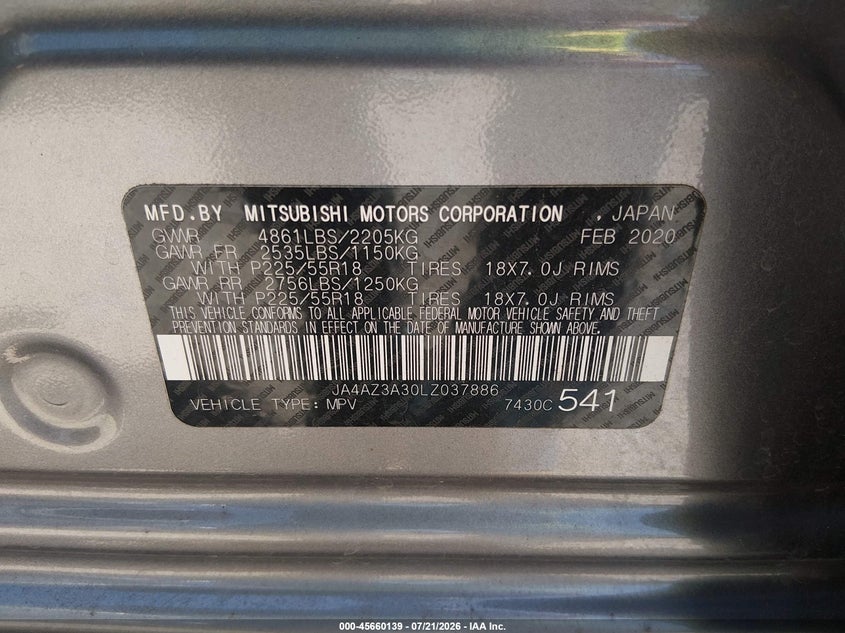 2020 Mitsubishi Outlander Es 2.4 S-Awc/Le 2.4 S-Awc/Se 2.4 S-Awc/Sel 2.4 S-Awc/Sp 2.4 S-Awc VIN: JA4AZ3A30LZ037886 Lot: 45660139