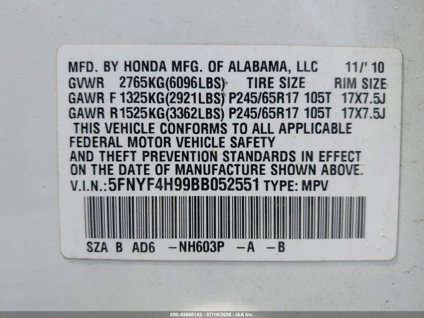2011 Honda Pilot Touring VIN: 5FNYF4H99BB052551 Lot: 45660142