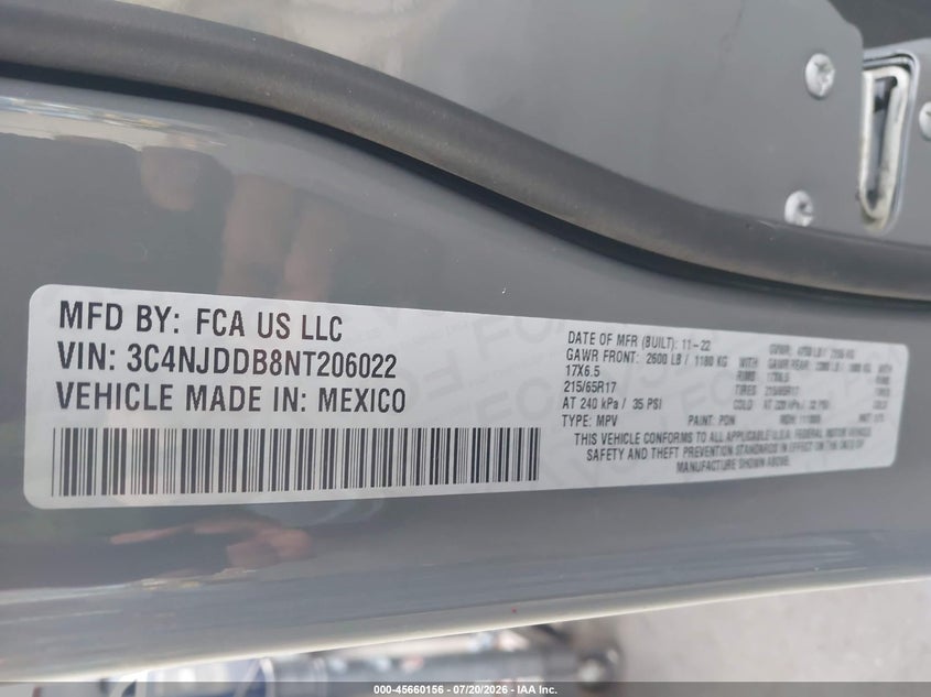 2022 Jeep Compass Trailhawk 4X4 VIN: 3C4NJDDB8NT206022 Lot: 45660156