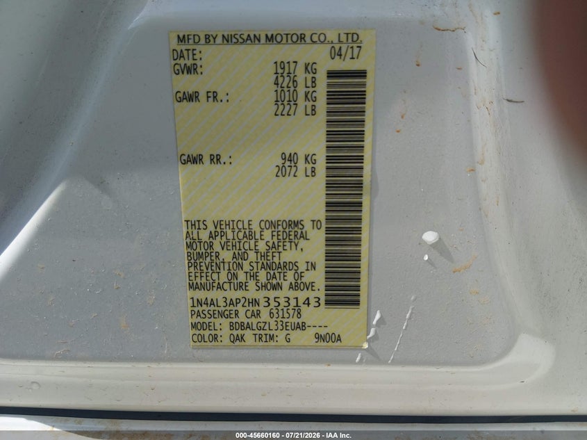 2017 Nissan Altima 2.5 S VIN: 1N4AL3AP2HN353143 Lot: 45660160