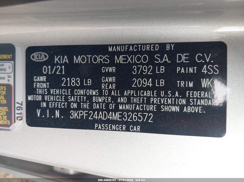 2021 Kia Forte Lxs VIN: 3KPF24AD4ME326572 Lot: 45660167