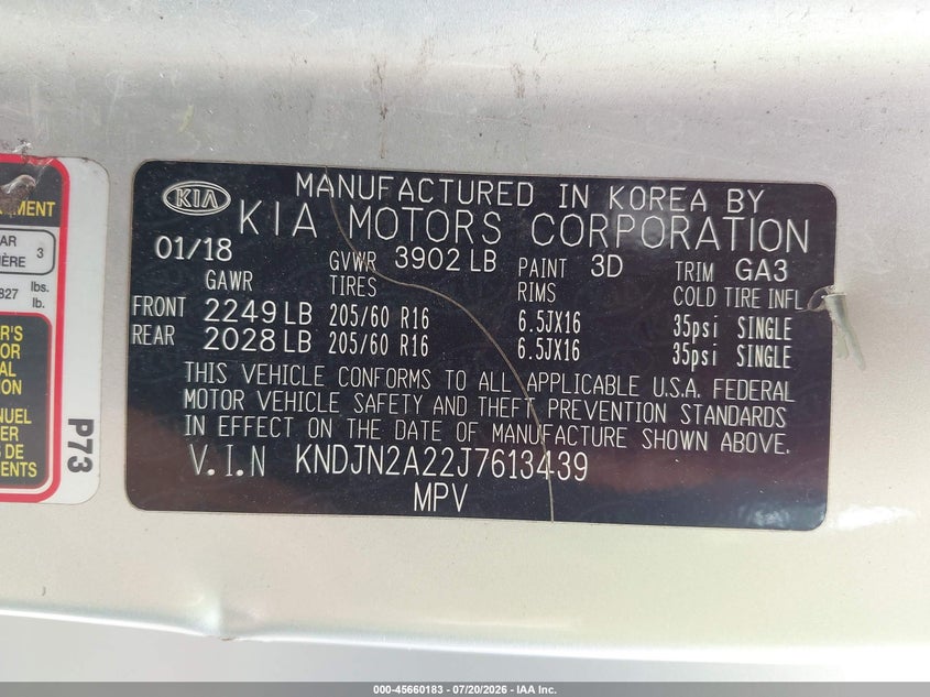 2018 Kia Soul VIN: KNDJN2A22J7613439 Lot: 45660183