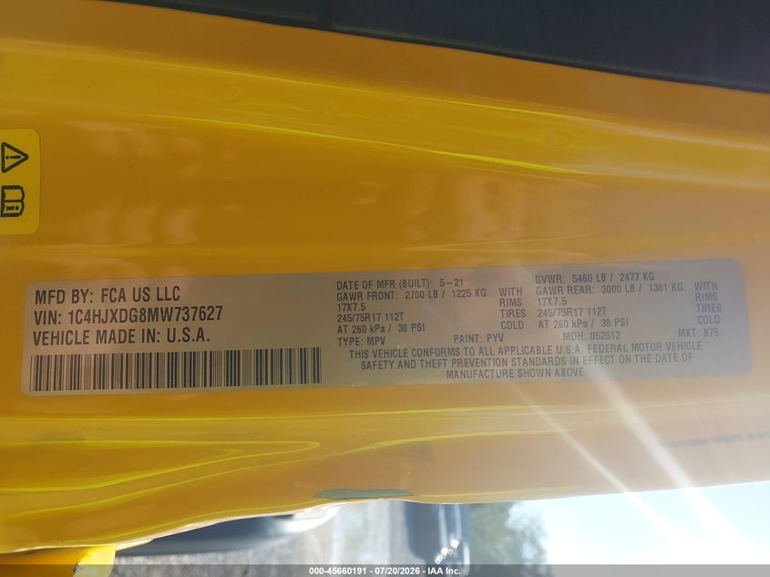 2021 Jeep Wrangler Unlimited Sport S 4X4 VIN: 1C4HJXDG8MW737627 Lot: 45660191