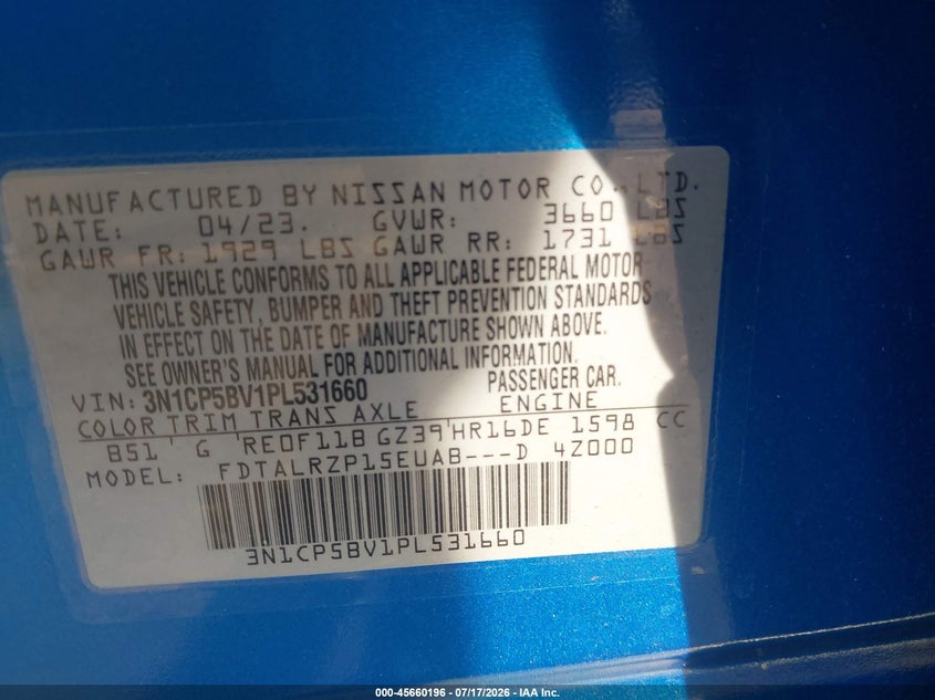2023 Nissan Kicks S Xtronic Cvt VIN: 3N1CP5BV1PL531660 Lot: 45660196