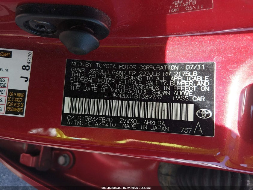 2011 Toyota Prius Two VIN: JTDKN3DU1B1389737 Lot: 45660245
