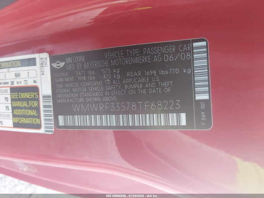 2008 Mini Cooper VIN: WMWRF33578TF68223 Lot: 45660259