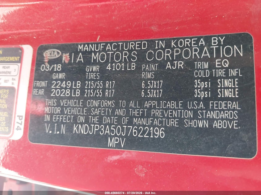 2018 Kia Soul + VIN: KNDJP3A50J7622196 Lot: 45660274
