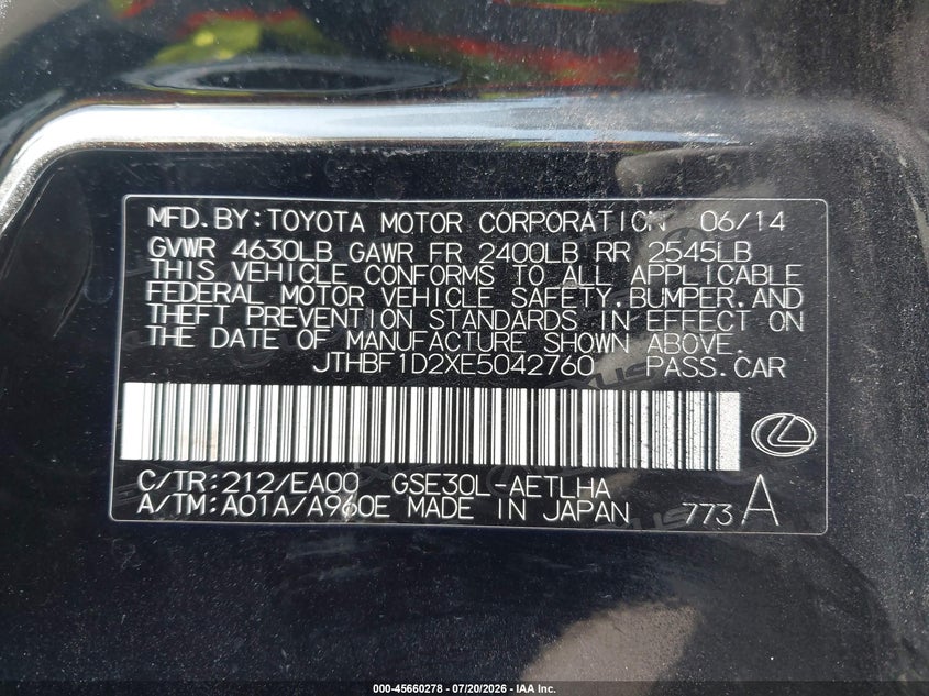2014 Lexus Is 250 VIN: JTHBF1D2XE5042760 Lot: 45660278