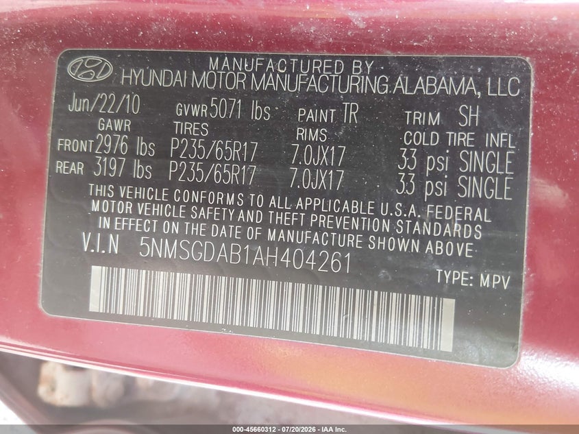 2010 Hyundai Santa Fe Gls VIN: 5NMSGDAB1AH404261 Lot: 45660312