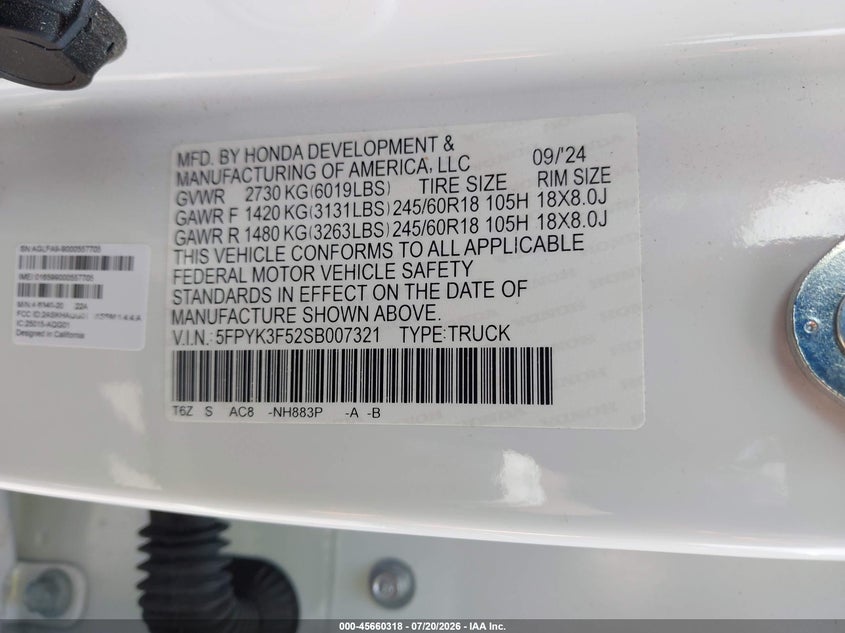 2025 Honda Ridgeline Rtl VIN: 5FPYK3F52SB007321 Lot: 45660318