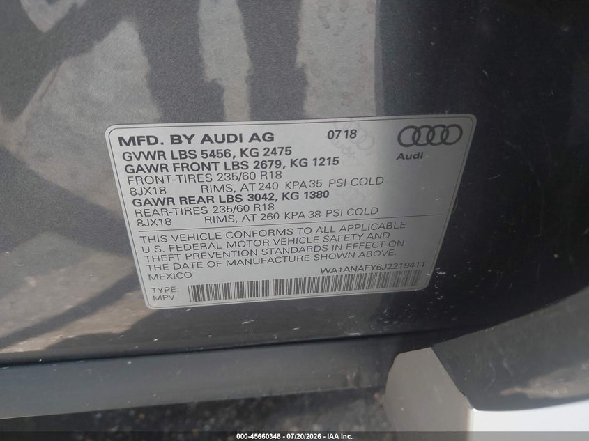 2018 Audi Q5 2.0T Premium VIN: WA1ANAFY6J2219411 Lot: 45660348