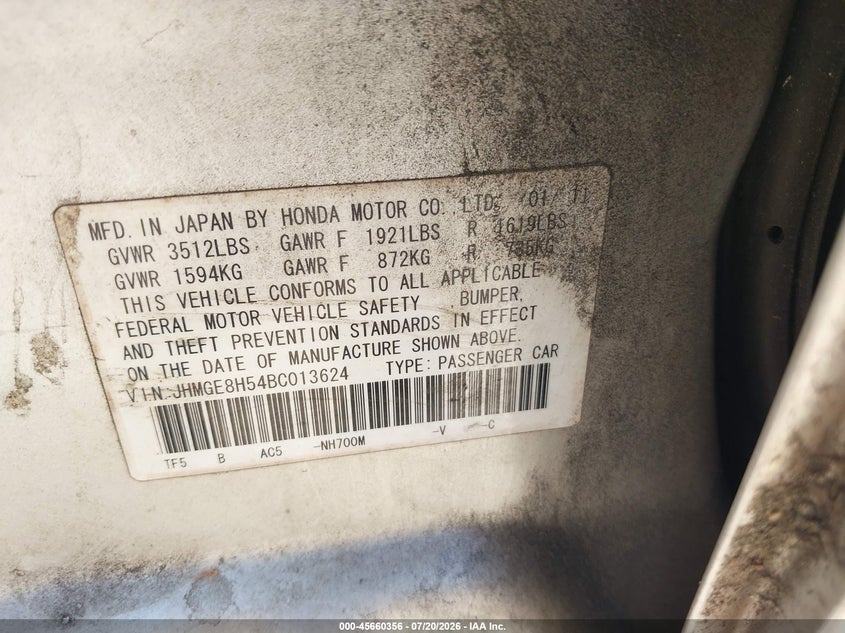 2011 Honda Fit Sport VIN: JHMGE8H54BC013624 Lot: 45660356