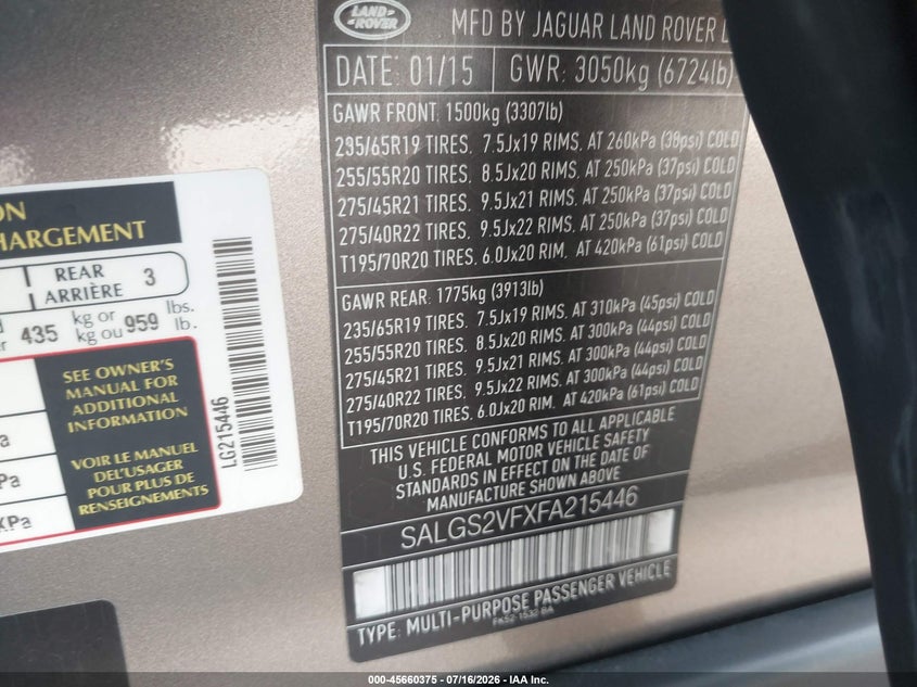 2015 Land Rover Range Rover 3.0L V6 Supercharged Hse VIN: SALGS2VFXFA215446 Lot: 45660375