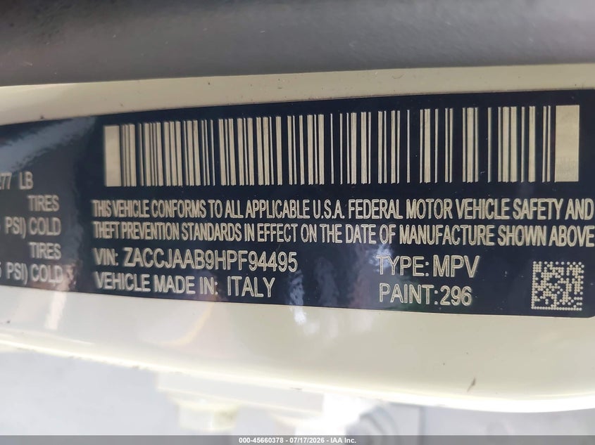 2017 Jeep Renegade Sport VIN: ZACCJAAB9HPF94495 Lot: 45660378