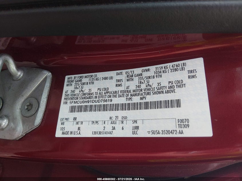 2013 Ford Escape Sel VIN: 1FMCU0H91DUD75619 Lot: 45660382