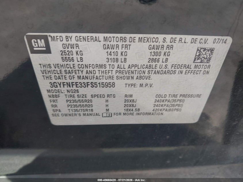 2015 Cadillac Srx Performance Collection VIN: 3GYFNFE33FS515958 Lot: 45660428