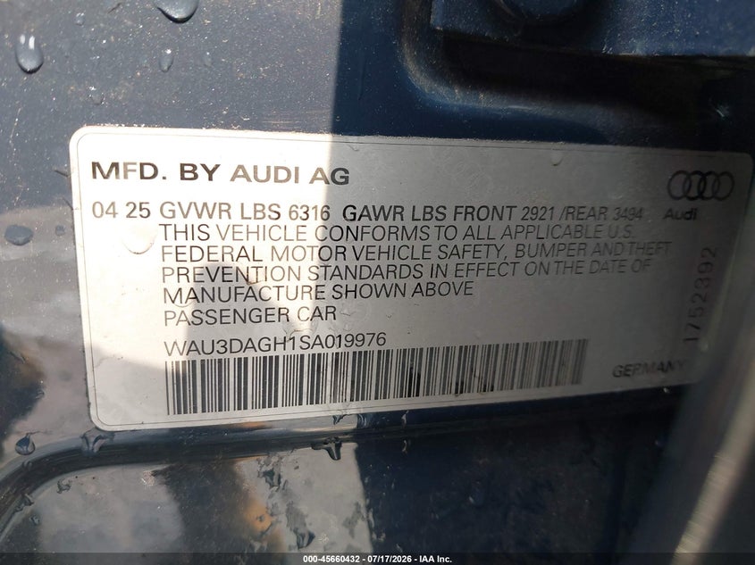 2025 Audi A6 E-Tron Prestige VIN: WAU3DAGH1SA019976 Lot: 45660432