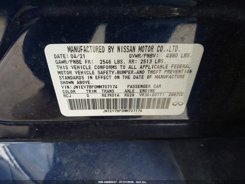2021 Infiniti Q50 Luxe VIN: JN1EV7BP0MM707174 Lot: 45660437