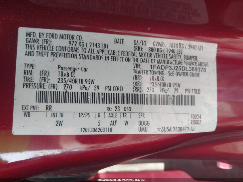 2013 Ford Focus Titanium VIN: 1FADP3J25DL369378 Lot: 45660438