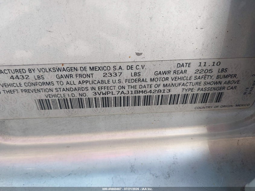 2011 Volkswagen Jetta Sportwagen 2.0L Tdi VIN: 3VWPL7AJ1BM642813 Lot: 45660467