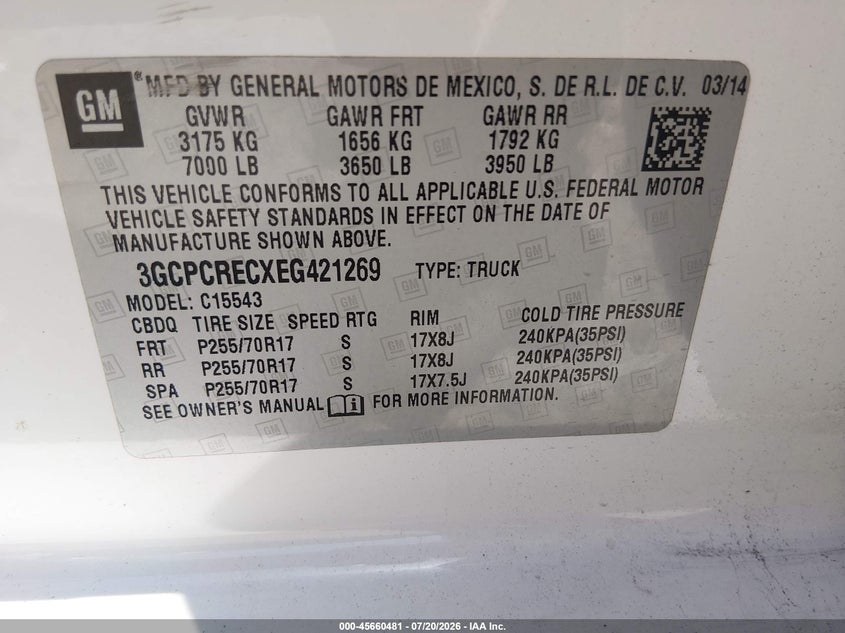 2014 Chevrolet Silverado 1500 Lt VIN: 3GCPCRECXEG421269 Lot: 45660481