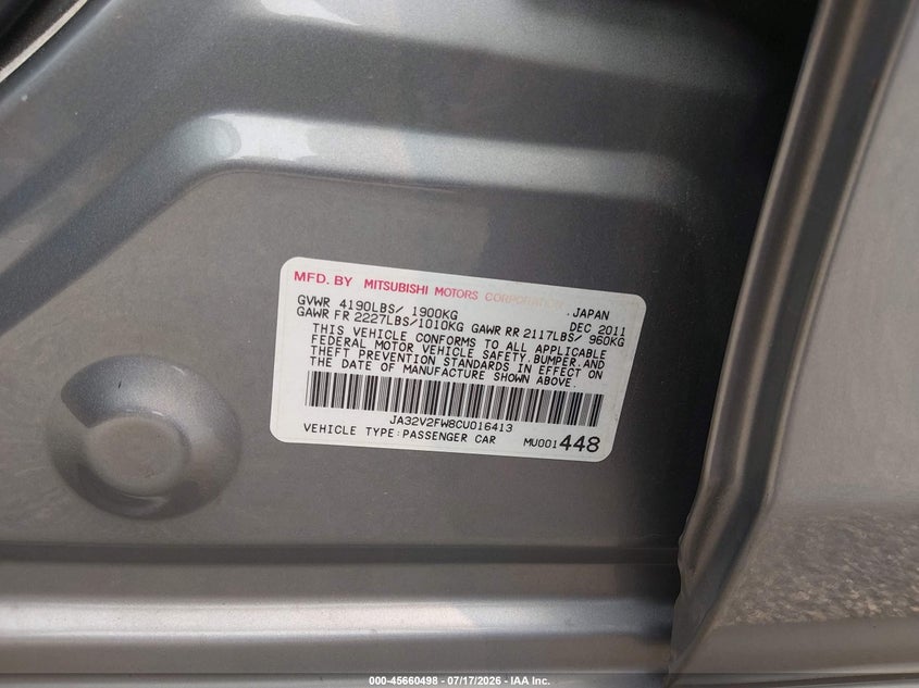 2012 Mitsubishi Lancer Se VIN: JA32V2FW8CU016413 Lot: 45660498