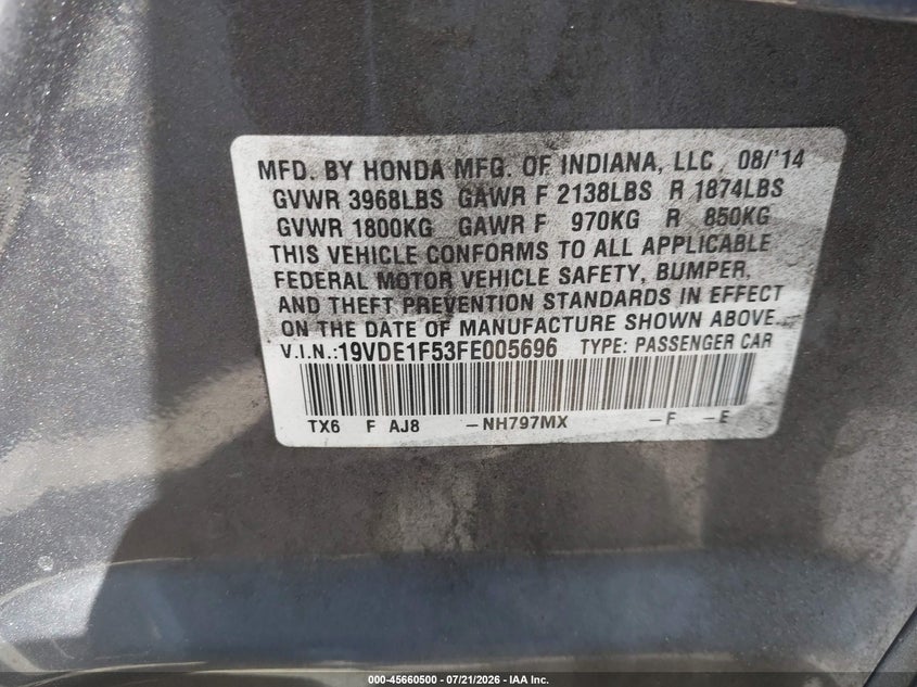 2015 Acura Ilx 2.0L VIN: 19VDE1F53FE005696 Lot: 45660500